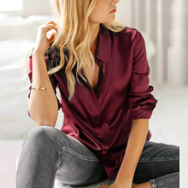 Satin Blouse | Women's, Short Sleeved, V-Neck | Office Style