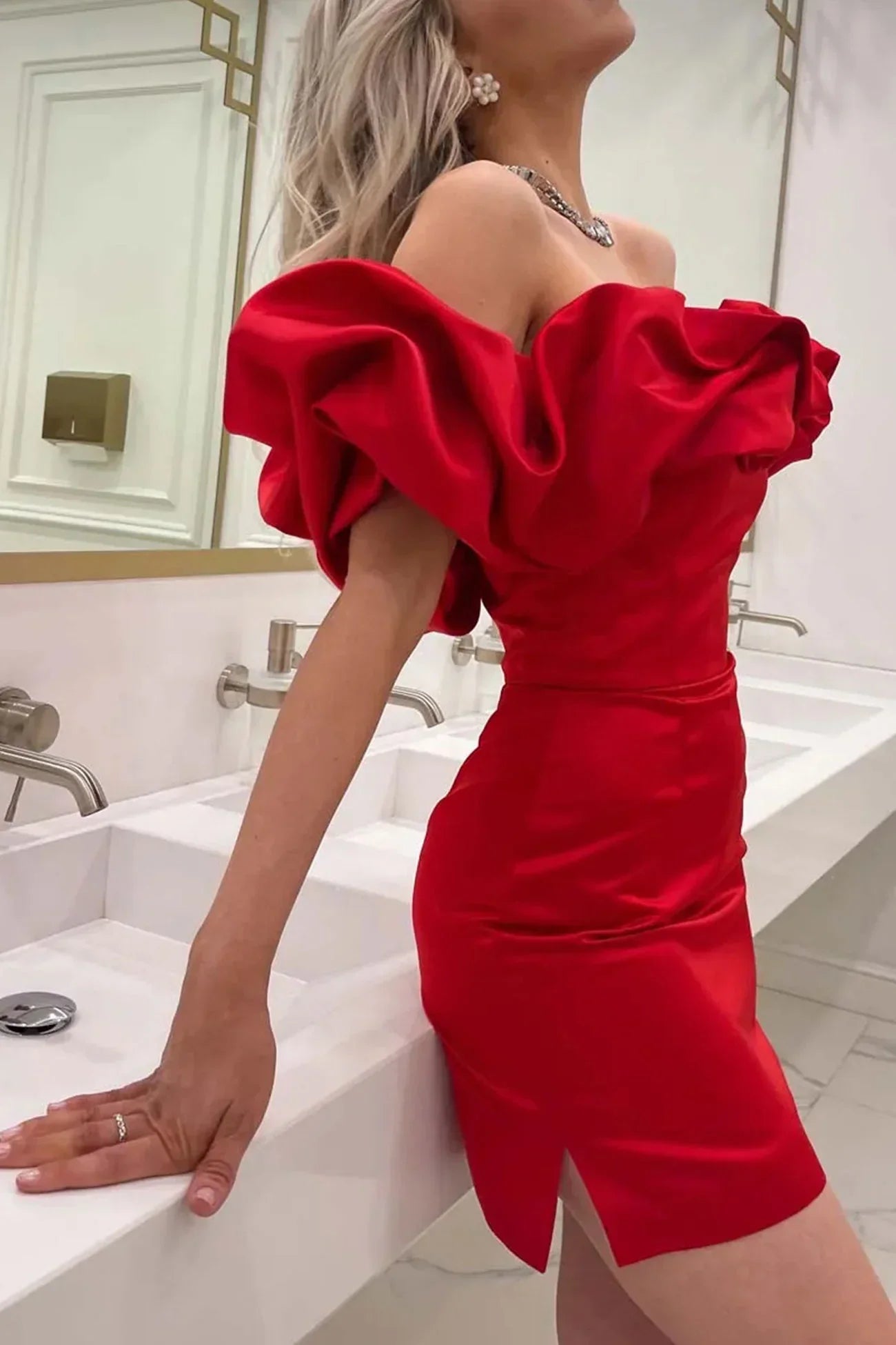 Satin mini dress off-shoulder for women's parties