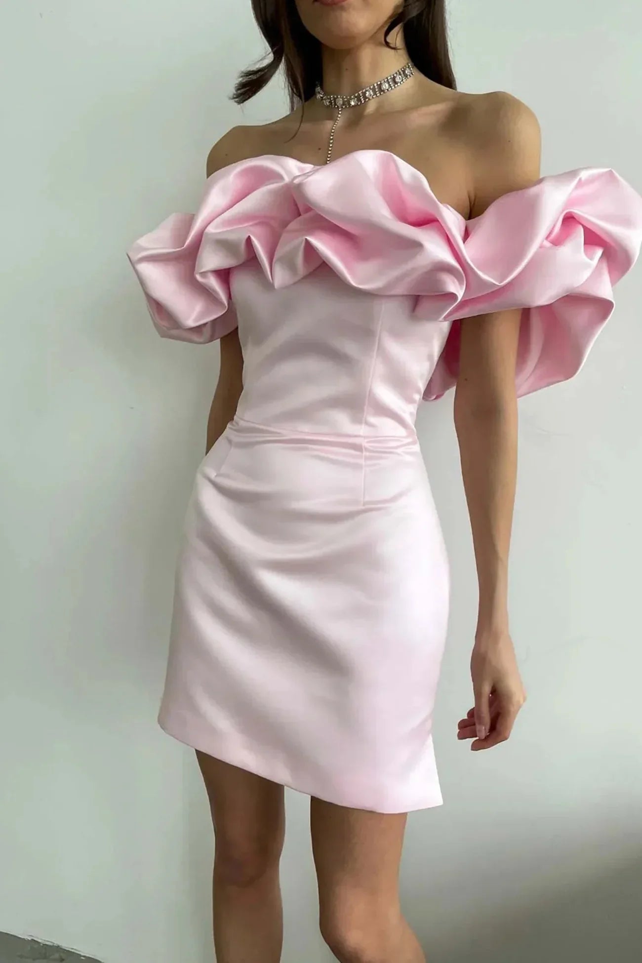 Satin mini dress off-shoulder for women's parties