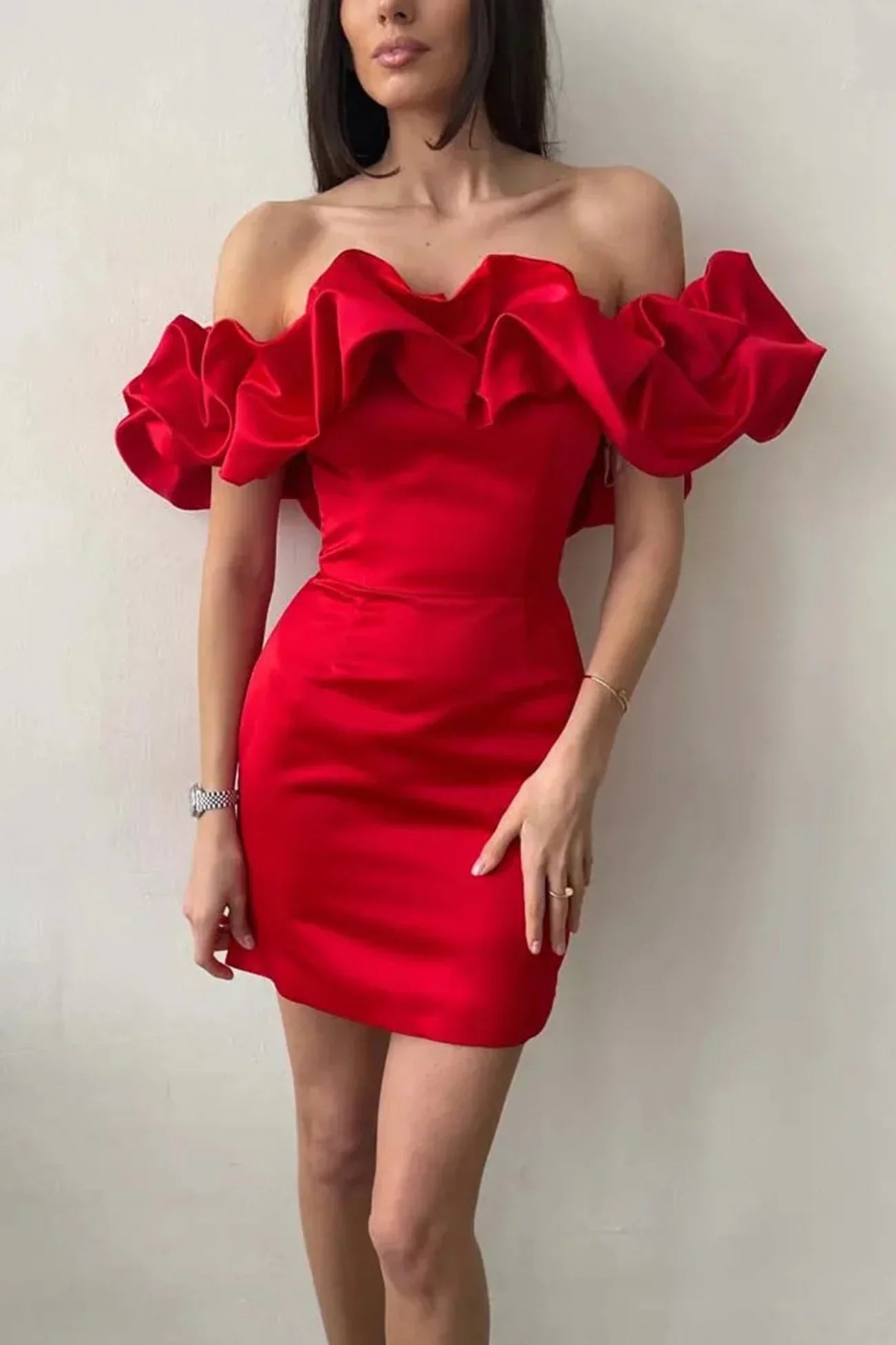 Satin mini dress off-shoulder for women's parties