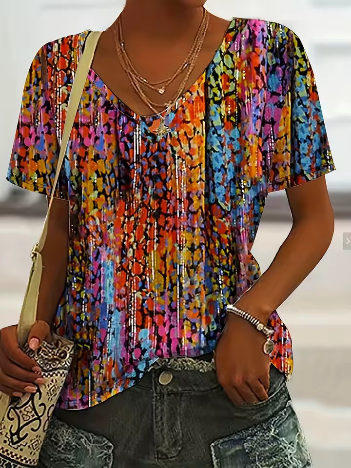 Women's V-neck T-shirt polyester retro print