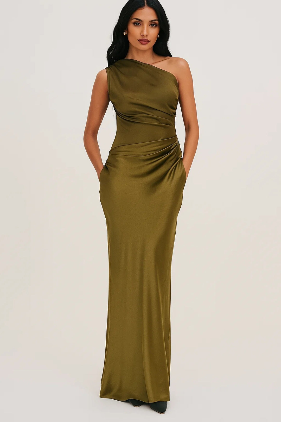 Evening Dress | Women's One-Shoulder, Long Satin Dress | Pleated Fit