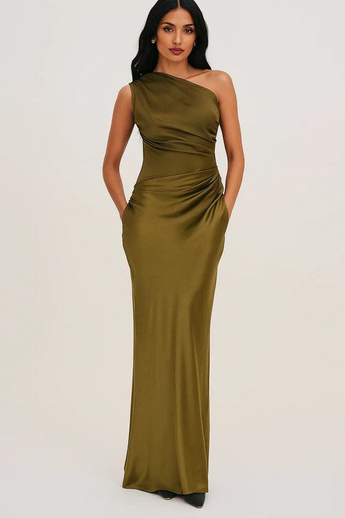 Evening Dress | Women's One-Shoulder, Long Satin Dress | Pleated Fit