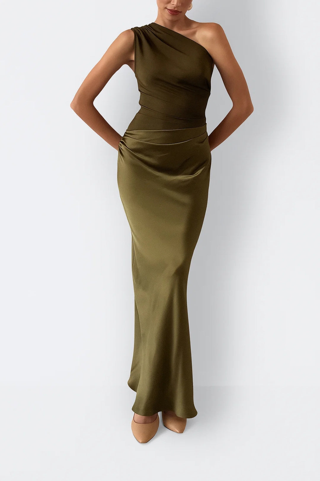 Evening Dress | Women's One-Shoulder, Long Satin Dress | Pleated Fit