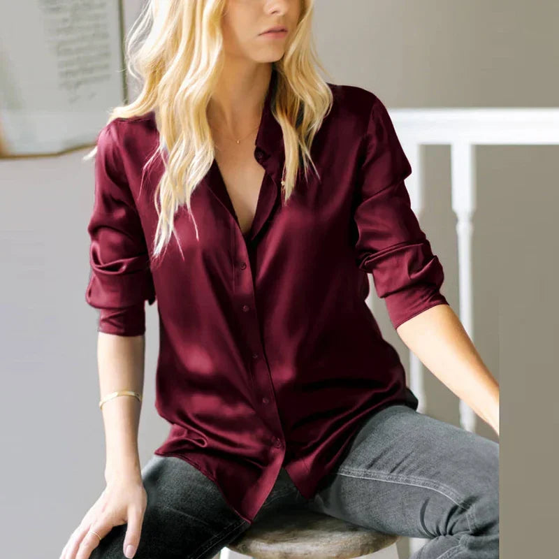 Satin Blouse | Women's, Short Sleeved, V-Neck | Office Style
