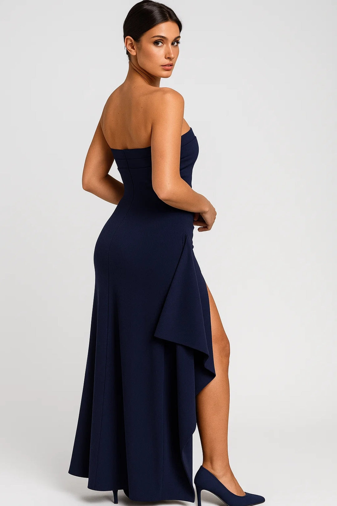 Evening Dress | Women's Strapless, Long Dress | High Slit and Pleats