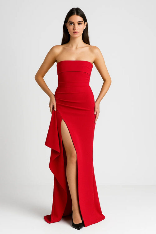 Evening Dress | Women's Strapless, Long Dress | High Slit and Pleats