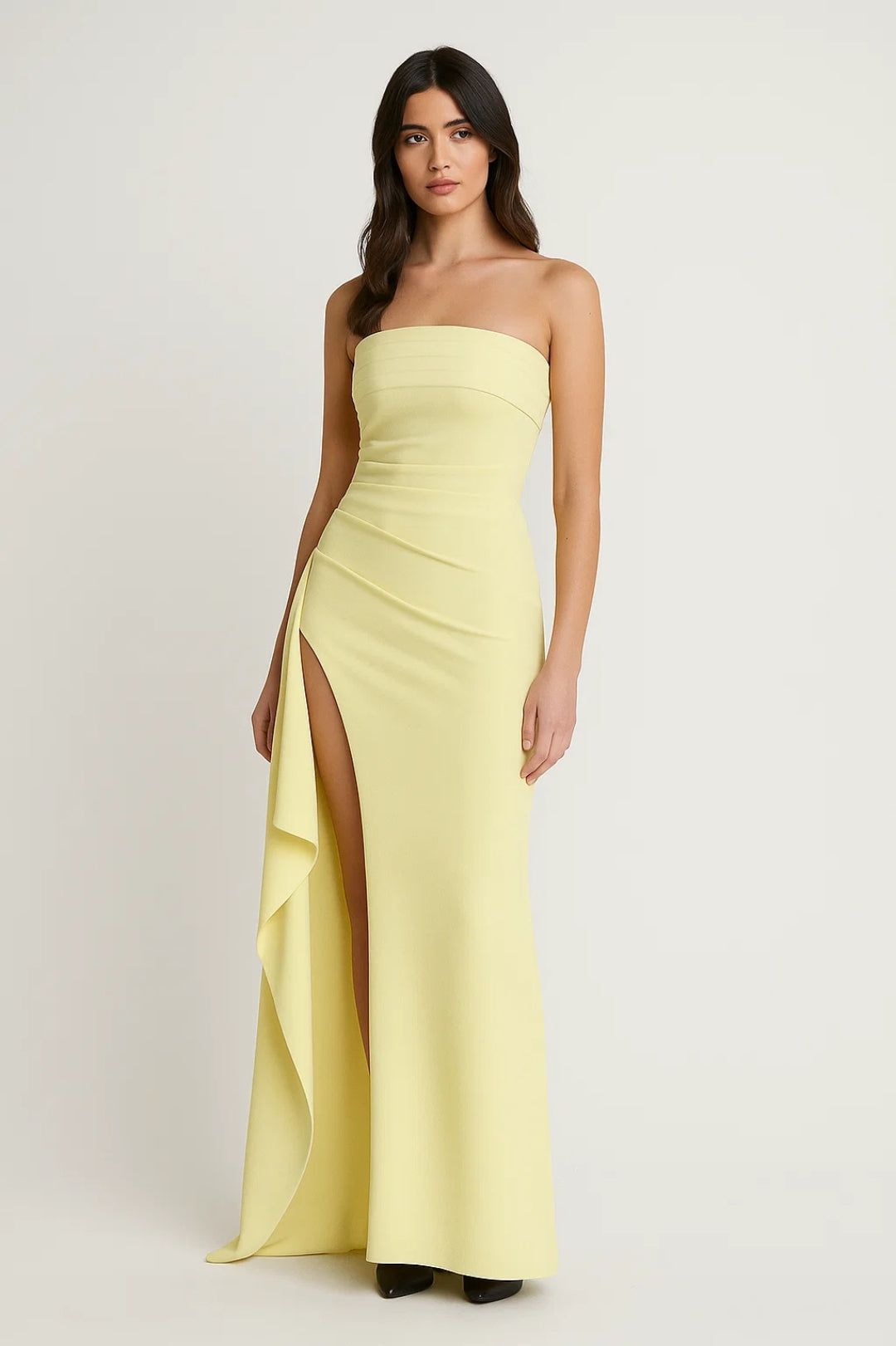 Evening Dress | Women's Strapless, Long Dress | High Slit and Pleats