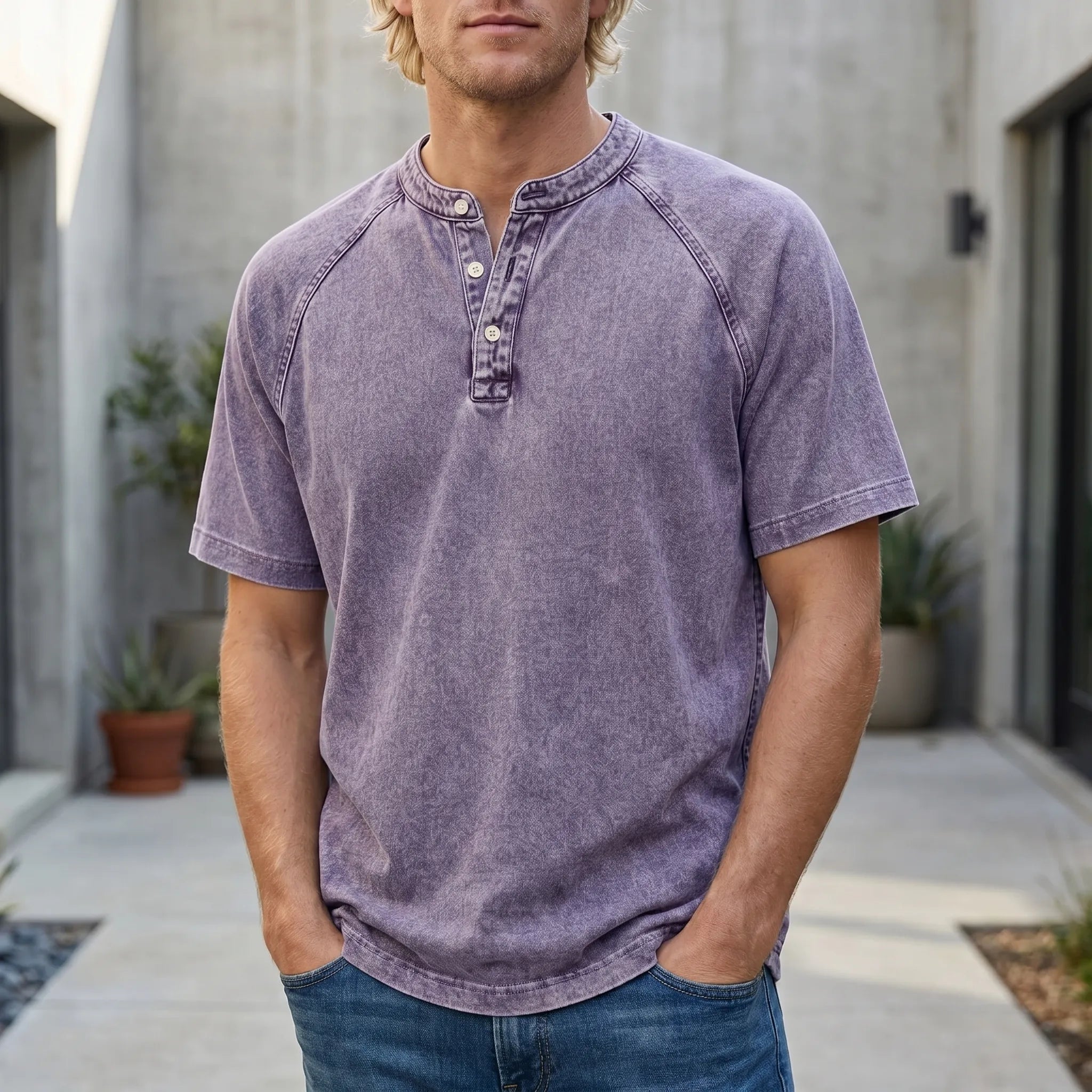 Men's Henley Shirt | Raglan Sleeves Vintage | Button Collar