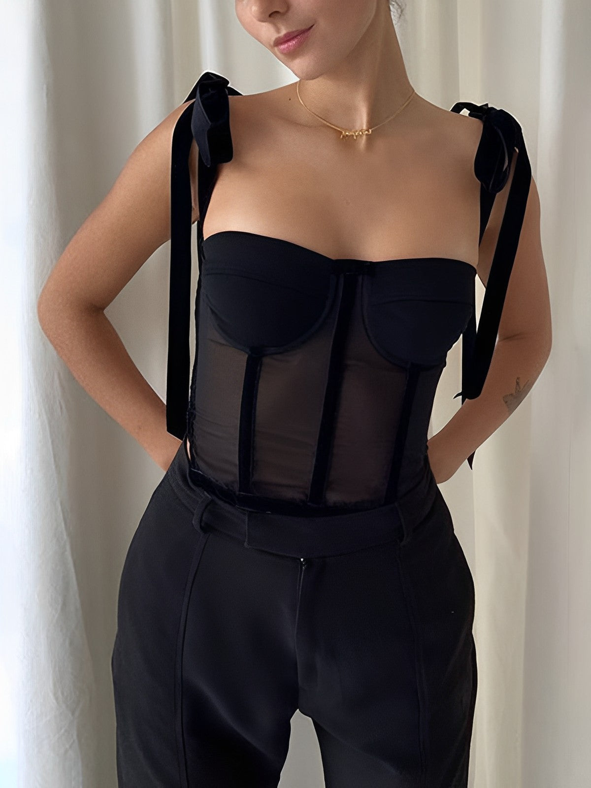 Women's Corset-Style Mesh Top | Black, Long Fit