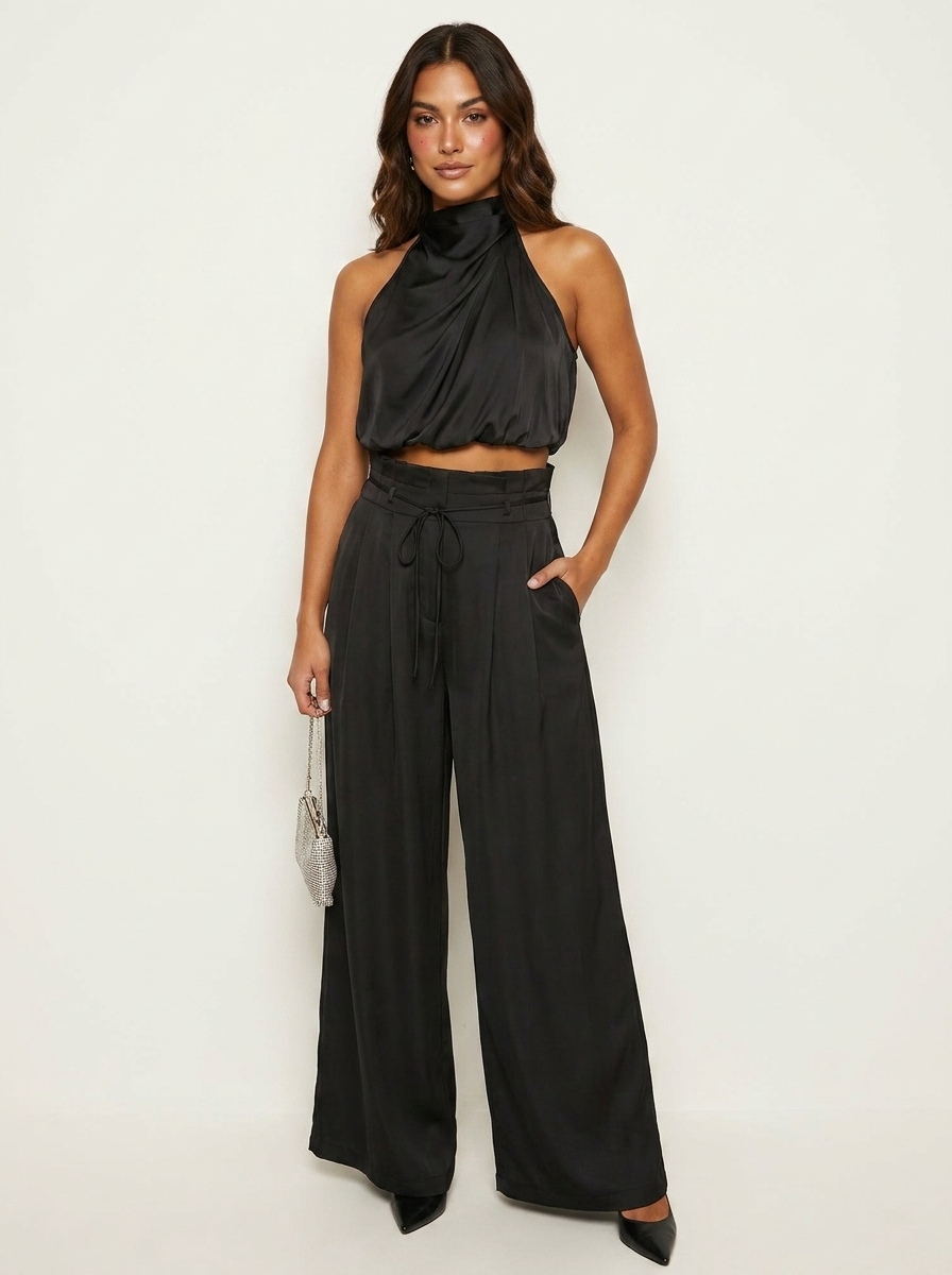 Women's satin suit | Black off-shoulder top and wide-leg pants