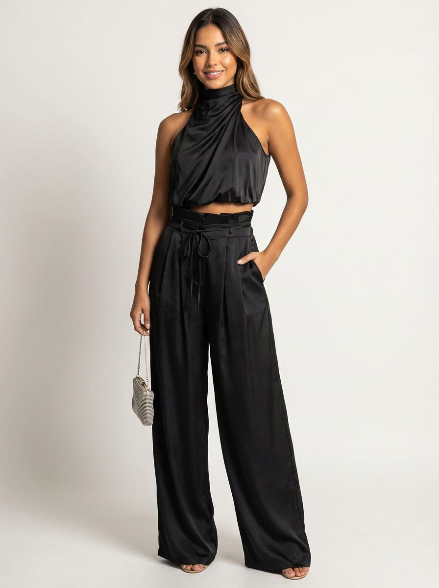 Women's satin suit | Black off-shoulder top and wide-leg pants