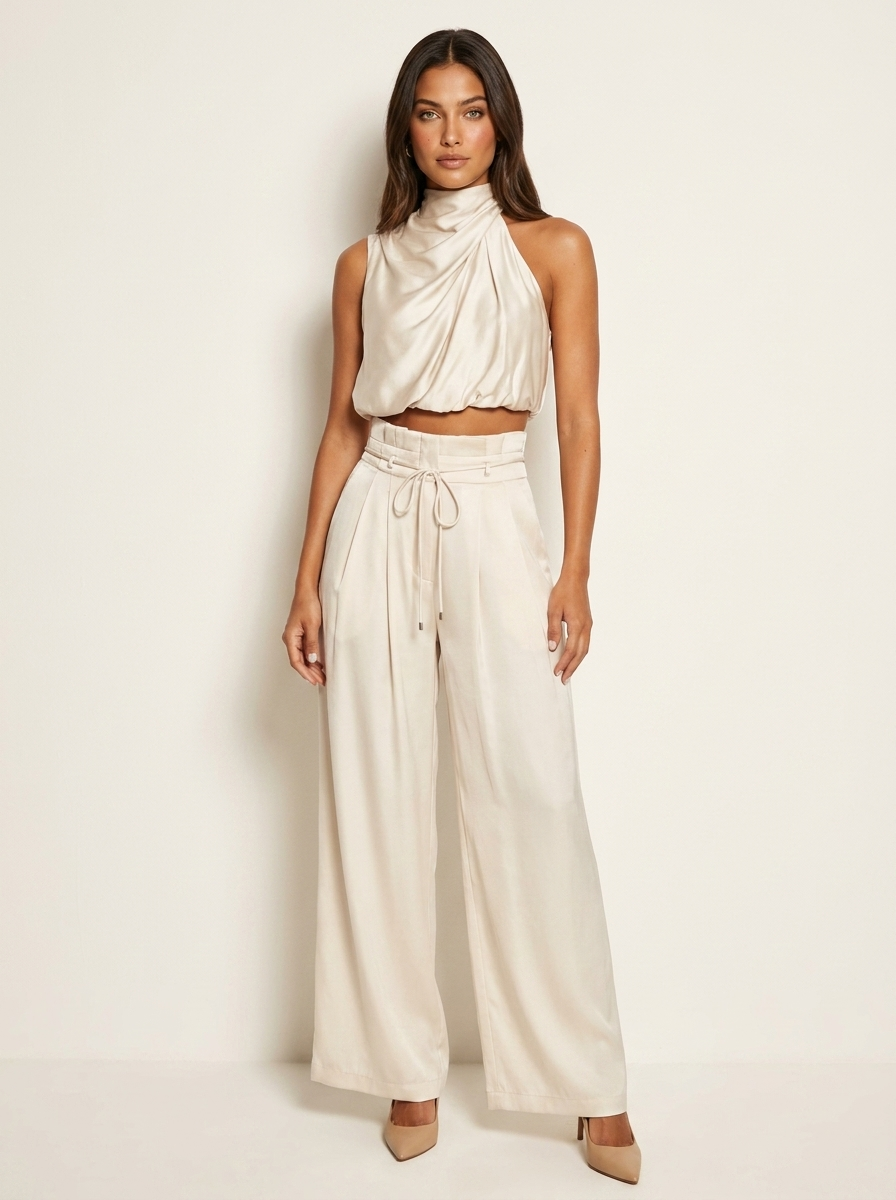 Women's satin suit | Black off-shoulder top and wide-leg pants