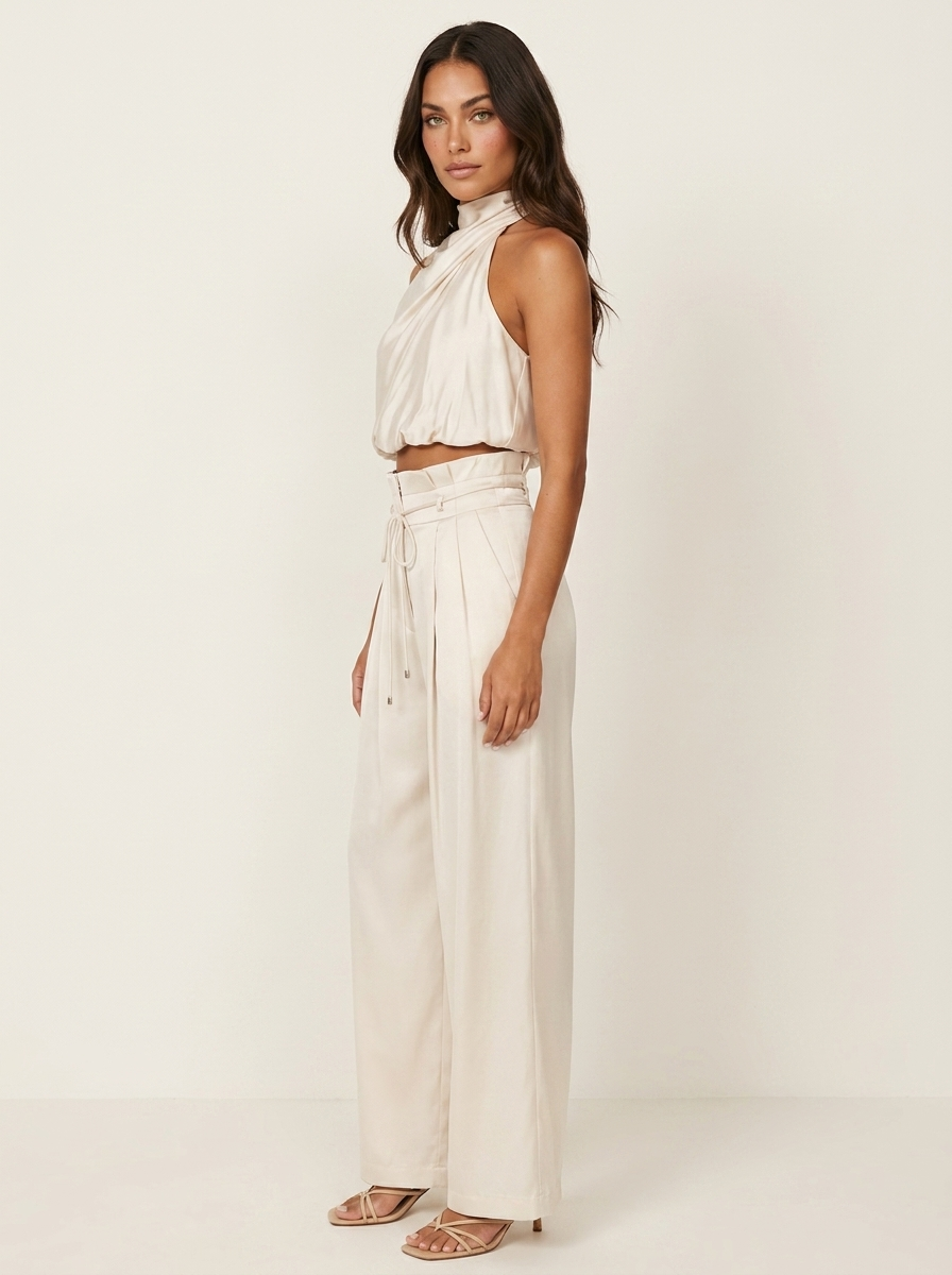 Women's satin suit | Black off-shoulder top and wide-leg pants