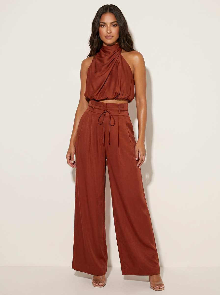 Women's satin suit | Black off-shoulder top and wide-leg pants