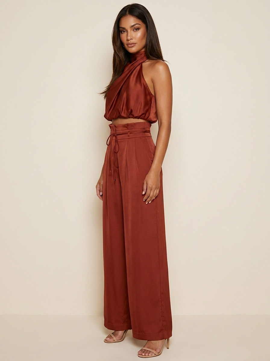 Women's satin suit | Black off-shoulder top and wide-leg pants