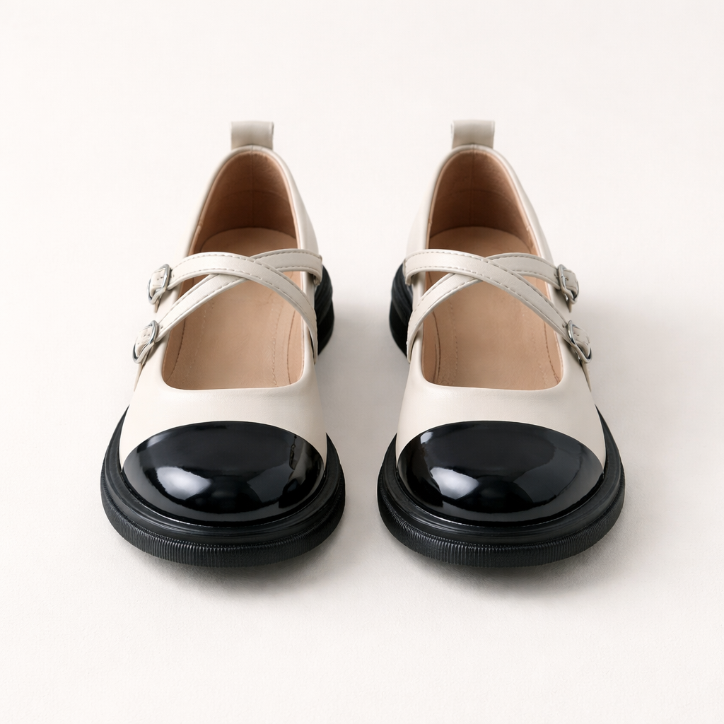 Women's Mary Jane Shoes | Two-Tone Ballerina, Double Strap | Polished Toe