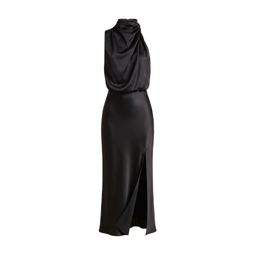 Women's satin midi dress | Main collar, draped front