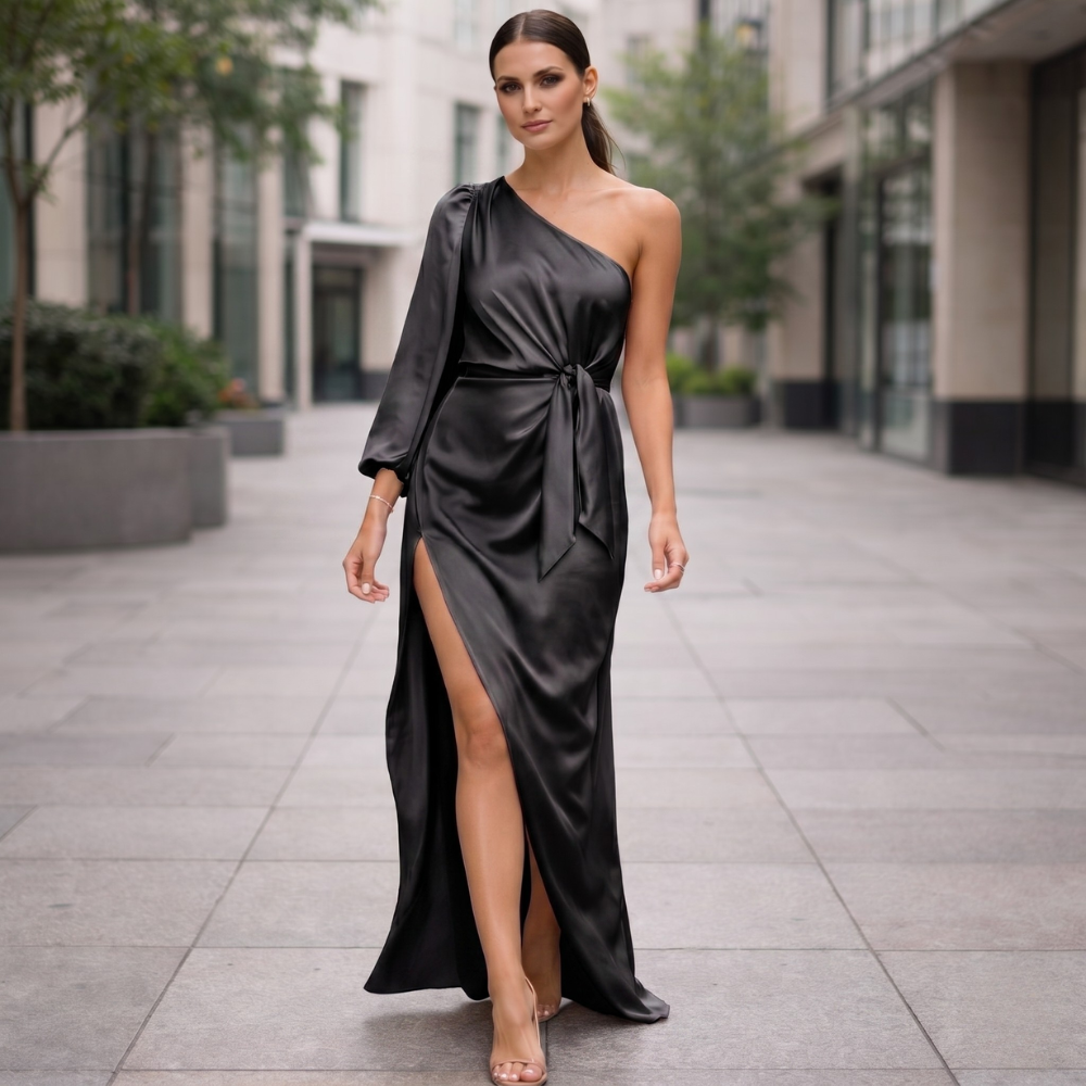 Satin Maxi Dress | One-Shoulder, Elegant