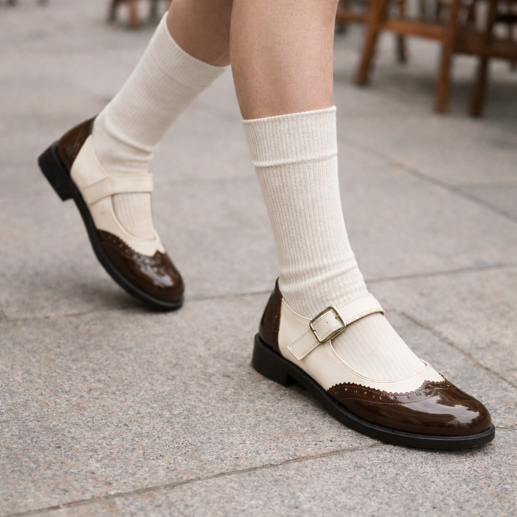 Women's Mary Jane Shoes | Two-Tone | Adjustable Strap, Vintage Brogue