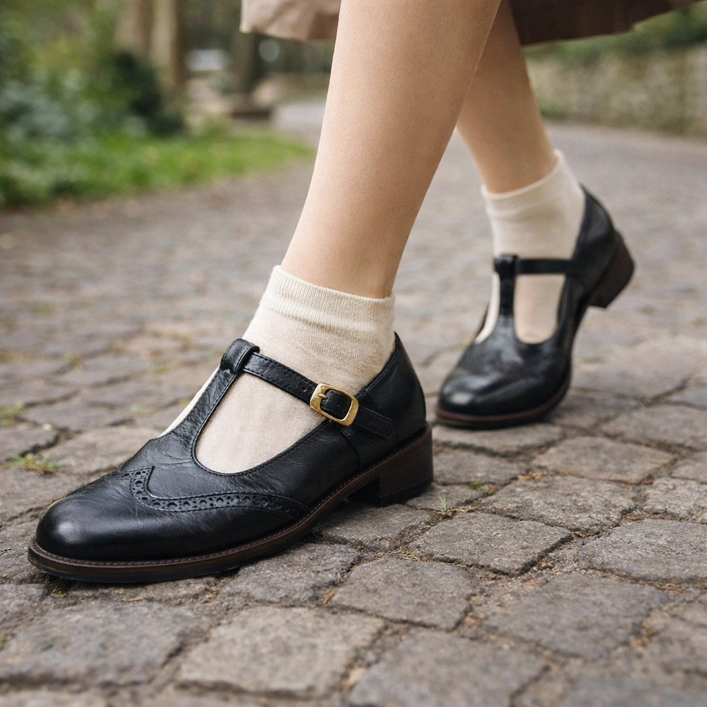 Women's Mary Jane shoes | T-strap, low heel | Brogue detail