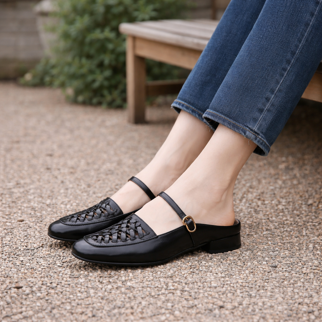Women's Mary Jane mules | Woven synthetic material with square toe | Brown, Black