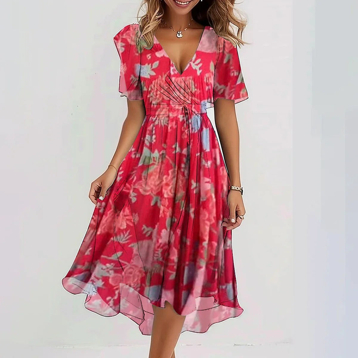 Women's summer dress | Floral wrap dress, V-neck | Midi