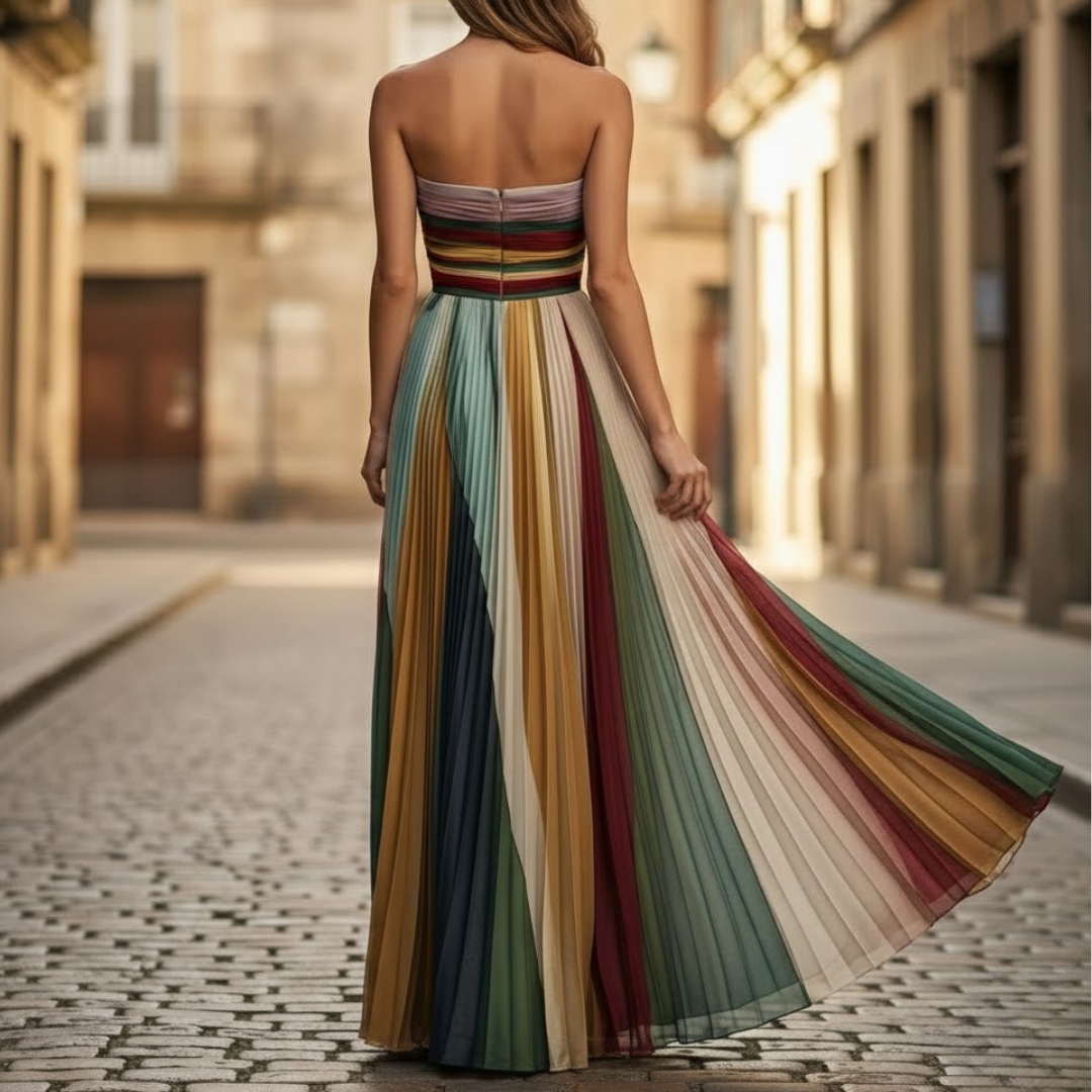 Women's Maxi Dress | Off-Shoulder Pleats | Multicolor