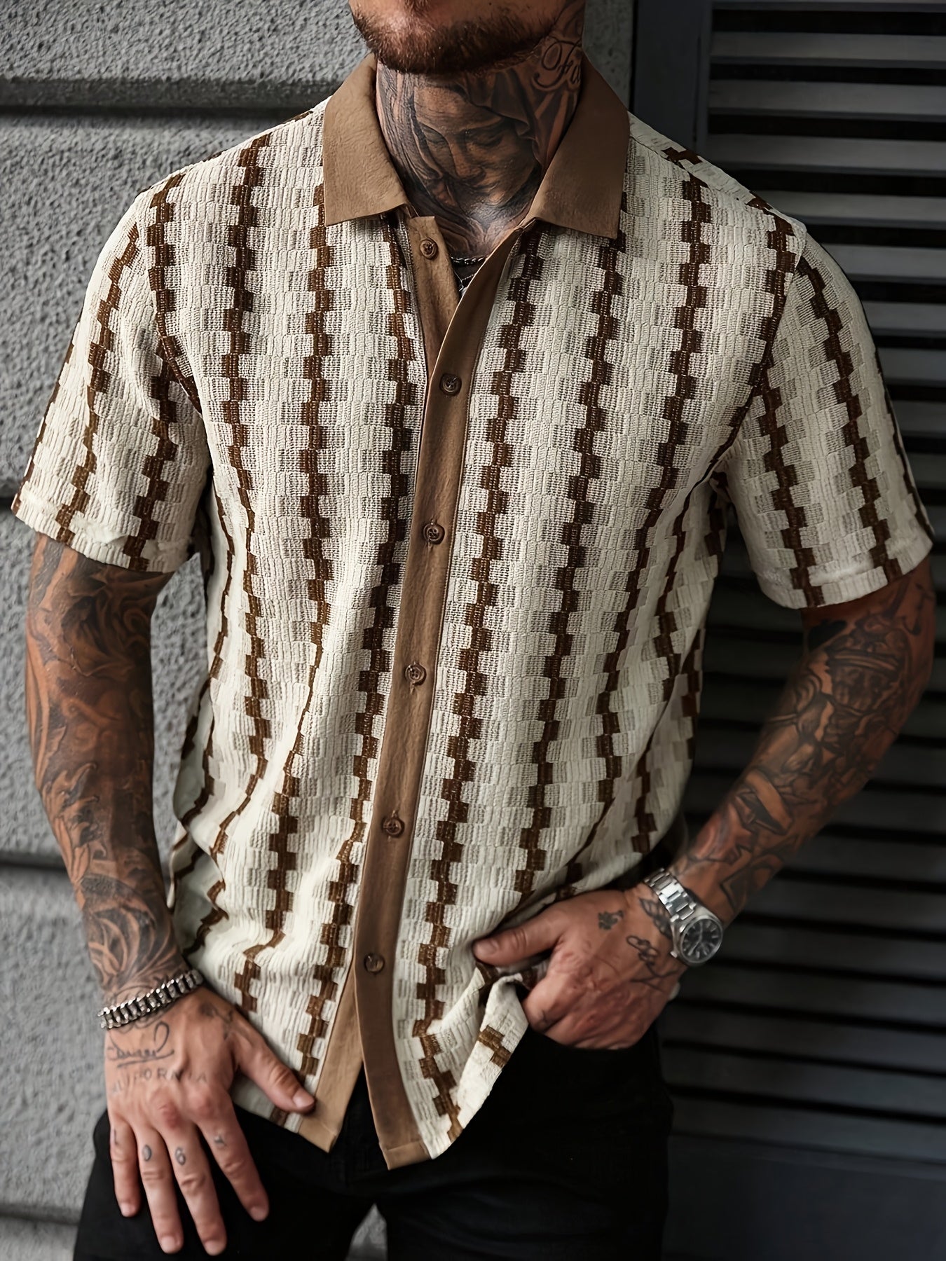 Men's knitted shirt | Short-sleeved, geometric pattern | Retro casual shirt