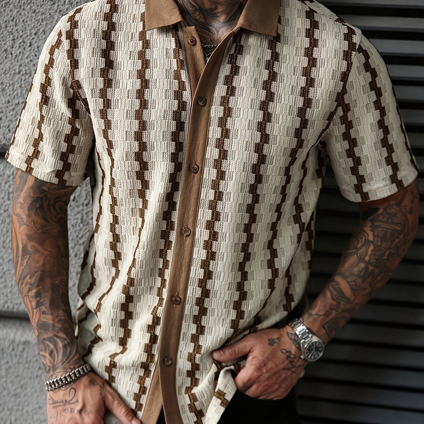 Men's knitted shirt | Short-sleeved, geometric pattern | Retro casual shirt