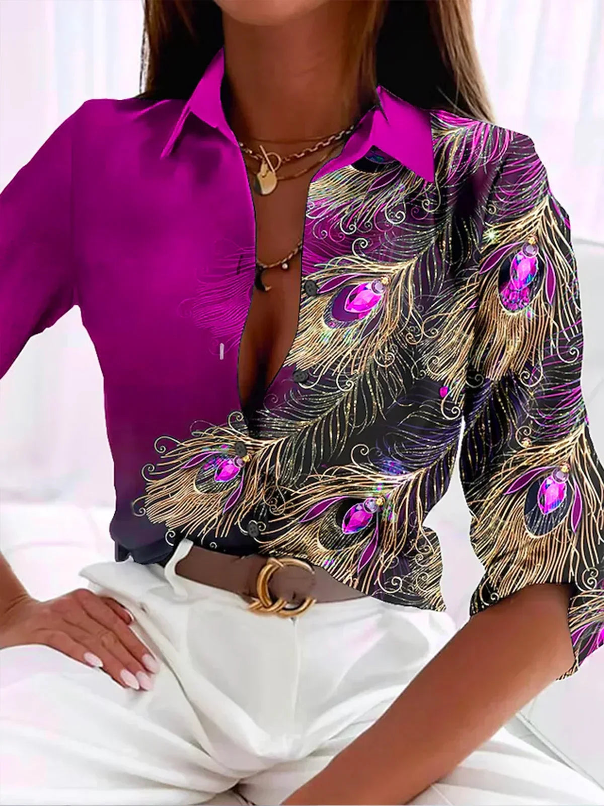 Women's shirt blouse feather print lightweight fabric