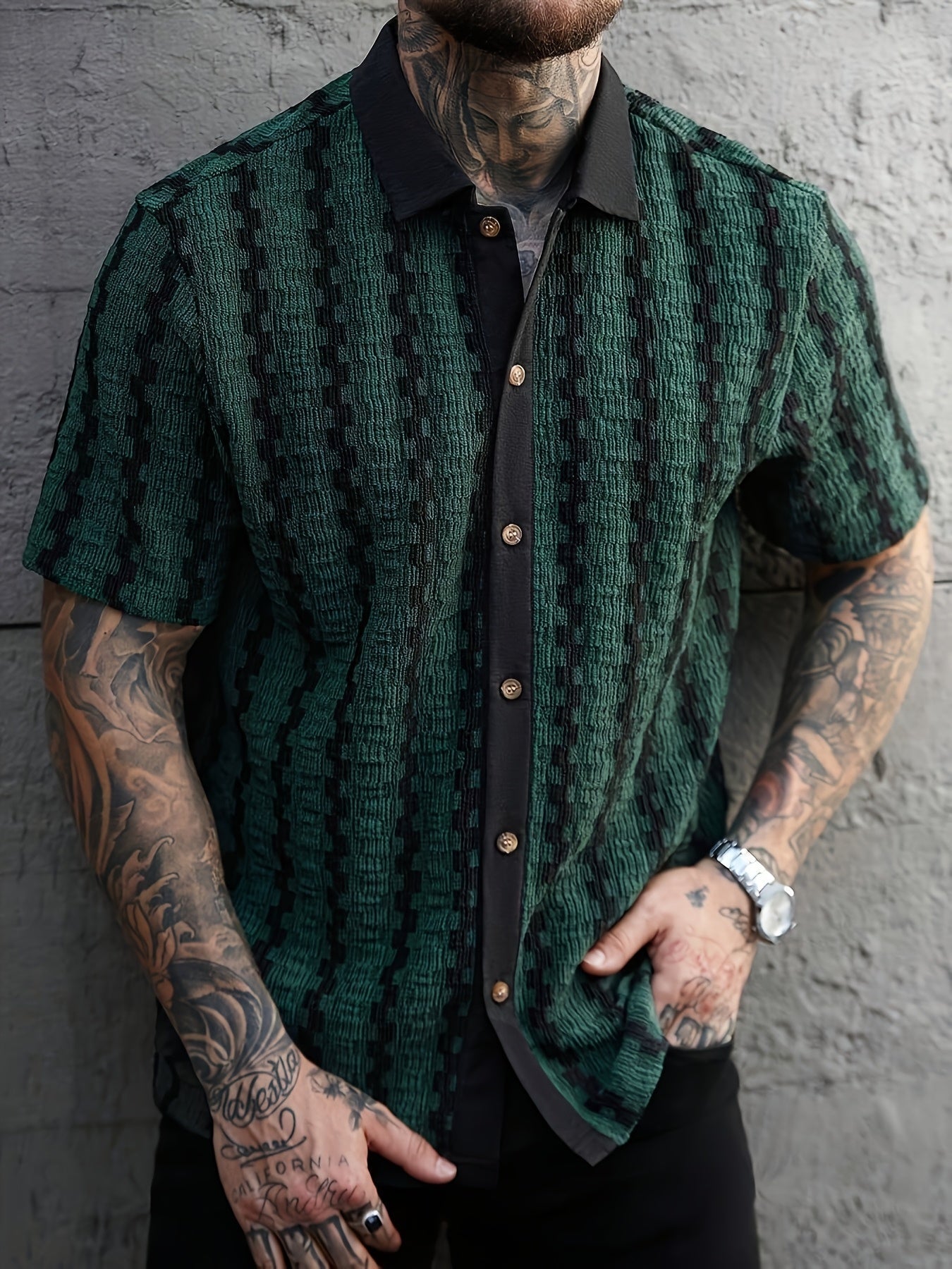 Men's knitted shirt | Short-sleeved, geometric pattern | Retro casual shirt