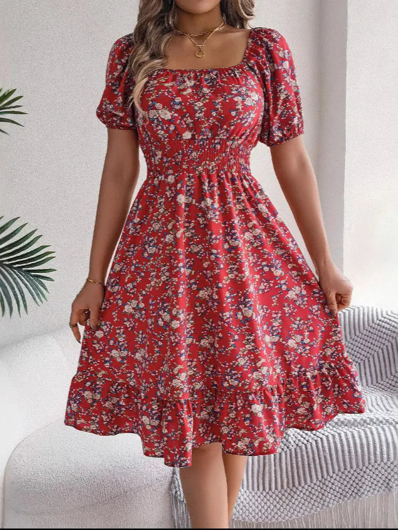 Party dress with square neckline and high waist