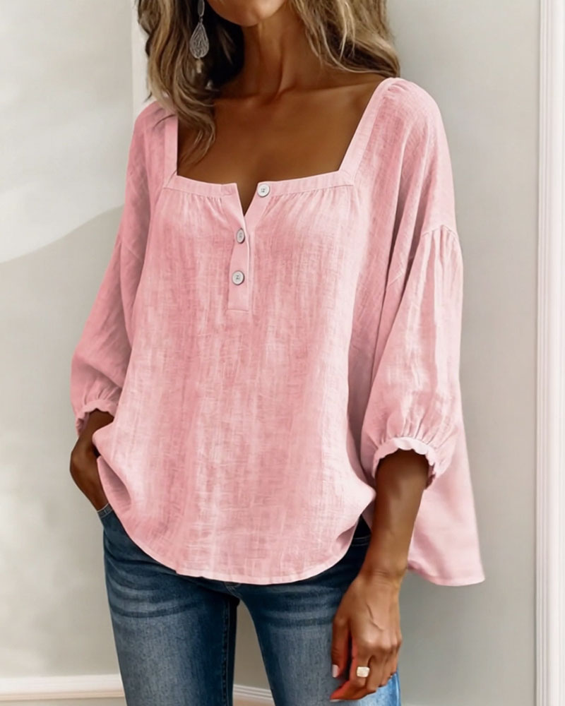 Women's Blouse | Square Neckline, 3/4 Sleeves | Cotton-Linen