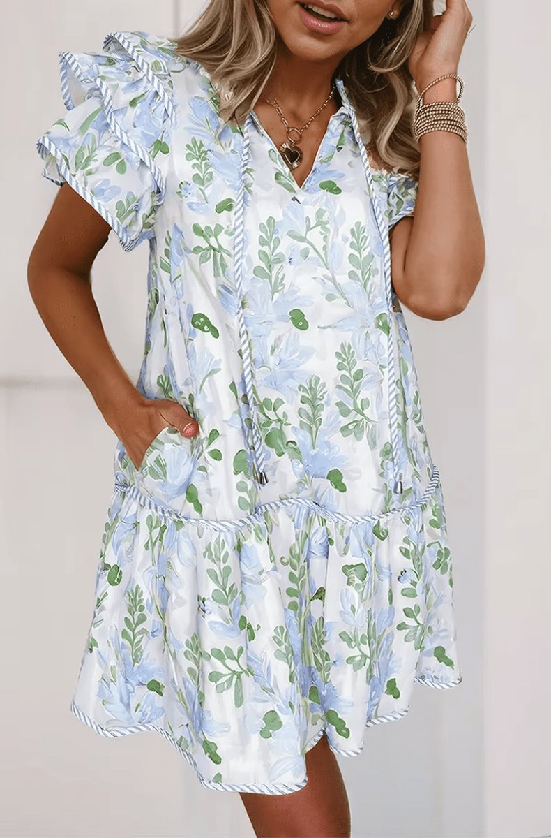 Women's Mini Dress | Floral, Short Puff Sleeves, V-neck