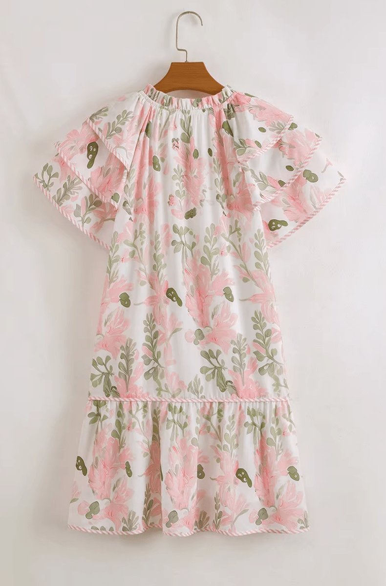 Women's Mini Dress | Floral, Short Puff Sleeves, V-neck