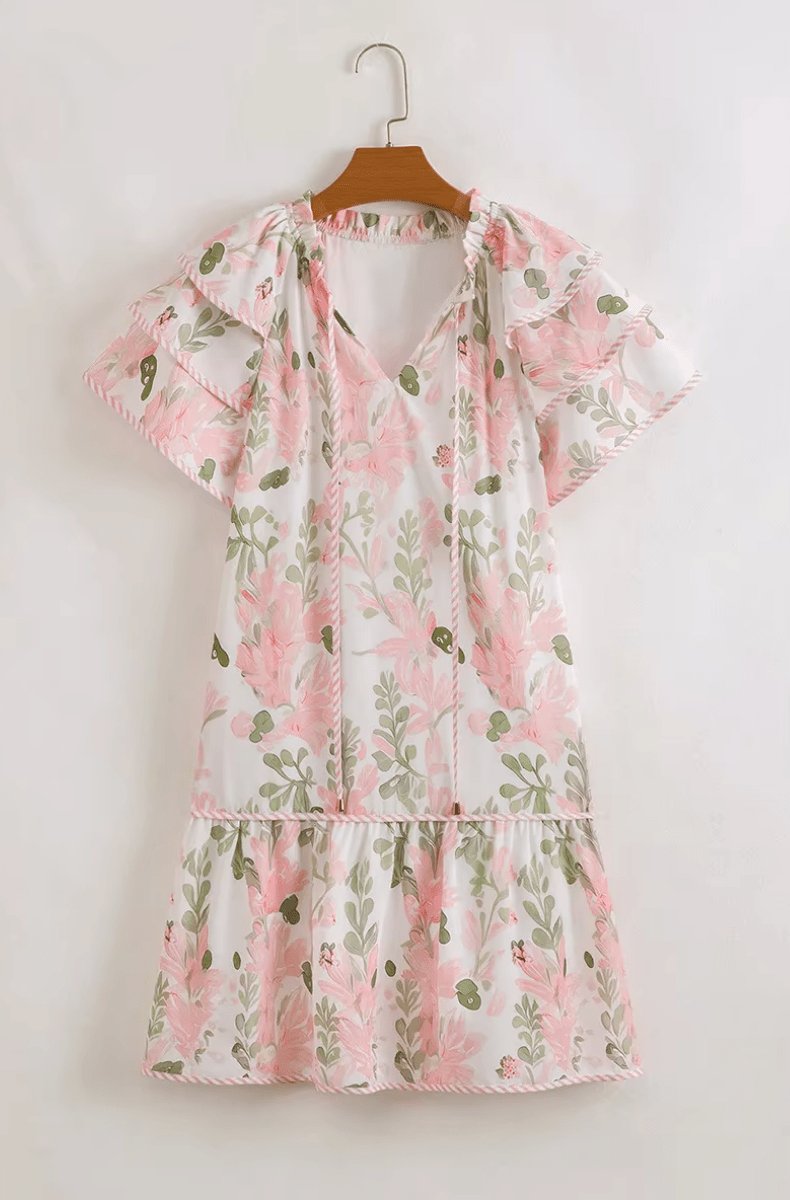 Women's Mini Dress | Floral, Short Puff Sleeves, V-neck