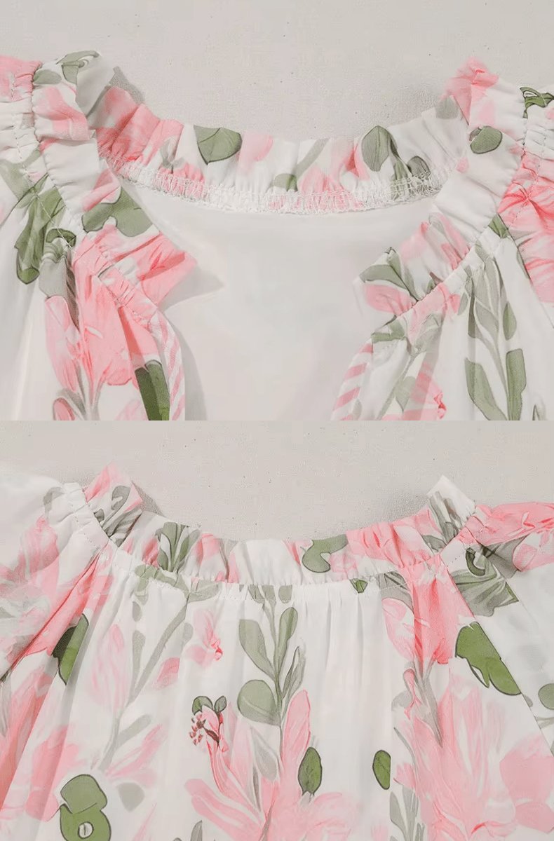 Women's Mini Dress | Floral, Short Puff Sleeves, V-neck