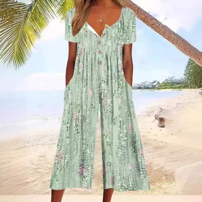 Women's Culotte Jumpsuit | Short-Sleeved Cotton, Printed | Summer
