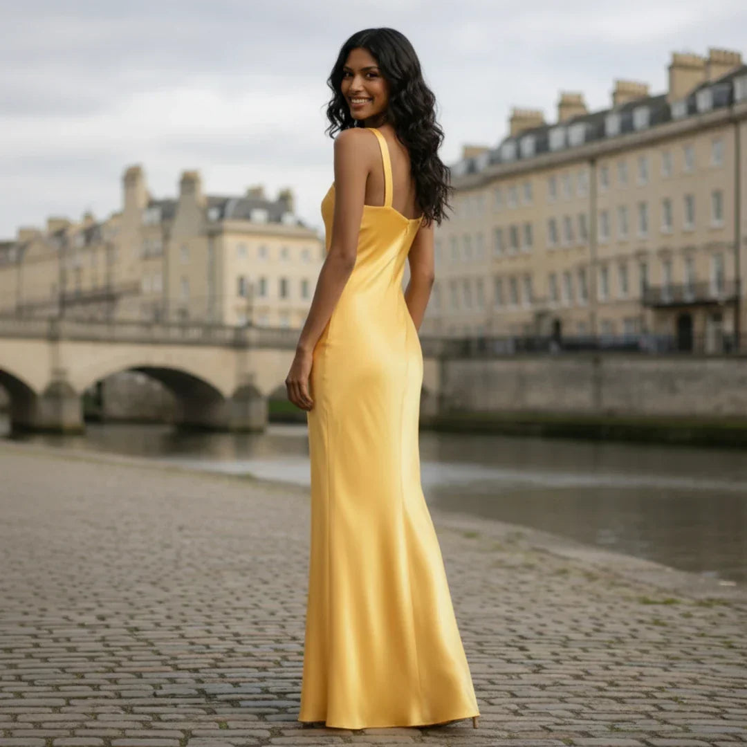 Satin Dress | Asymmetric Neckline, Open Back