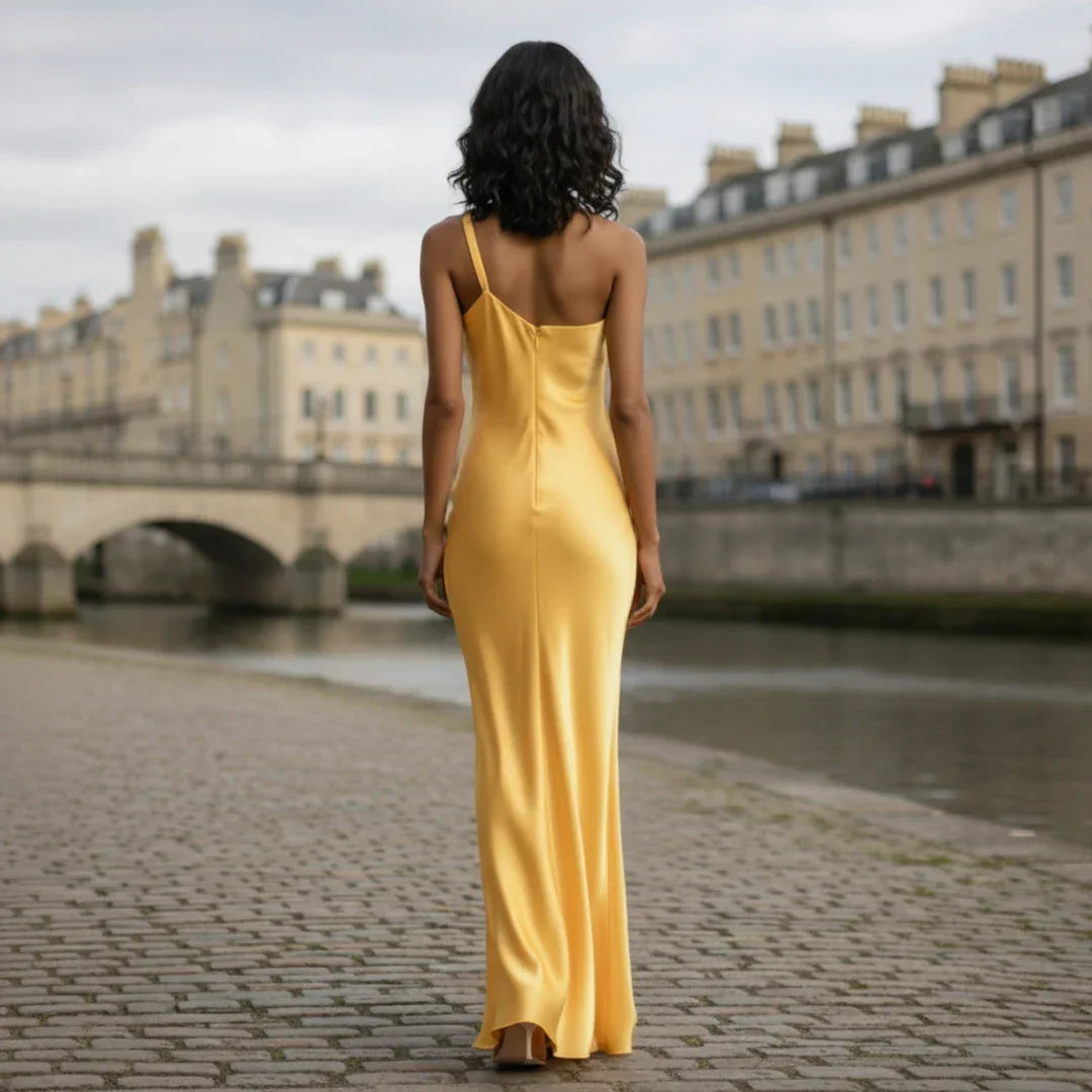 Satin Dress | Asymmetric Neckline, Open Back