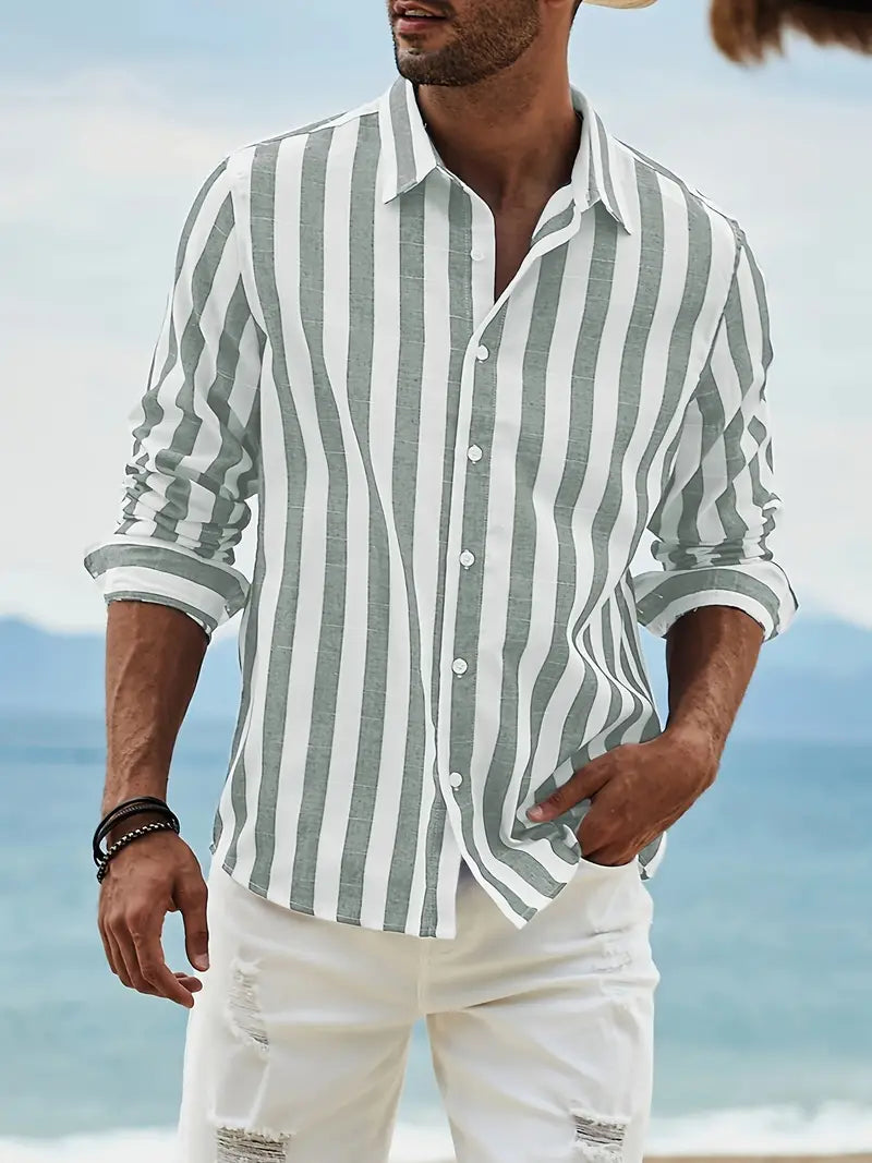 Men's striped dress shirt | Cotton-linen blend | Long-sleeve summer shirt