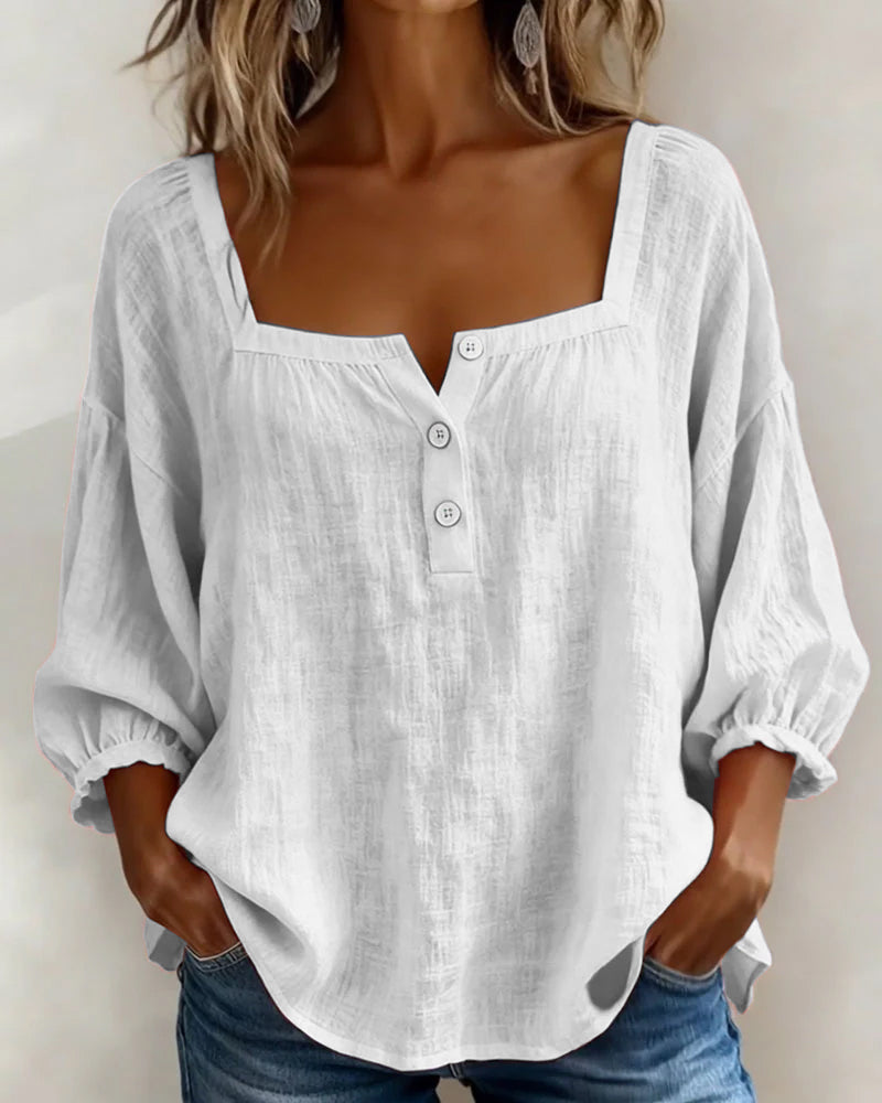 Women's Blouse | Square Neckline, 3/4 Sleeves | Cotton-Linen
