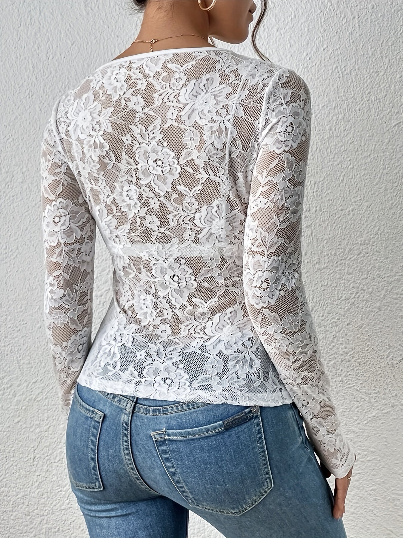 Lace shirt | Women's sheer, floral patterned top | V-neck, long-sleeve