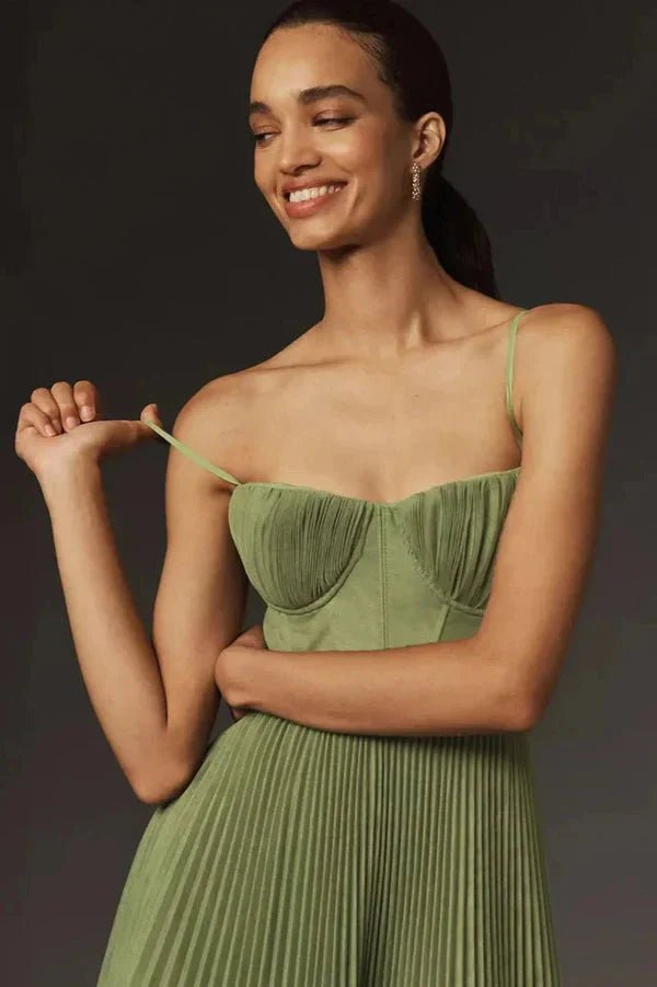 Maxi Dress with Pleats | Strapless, Silky | Green