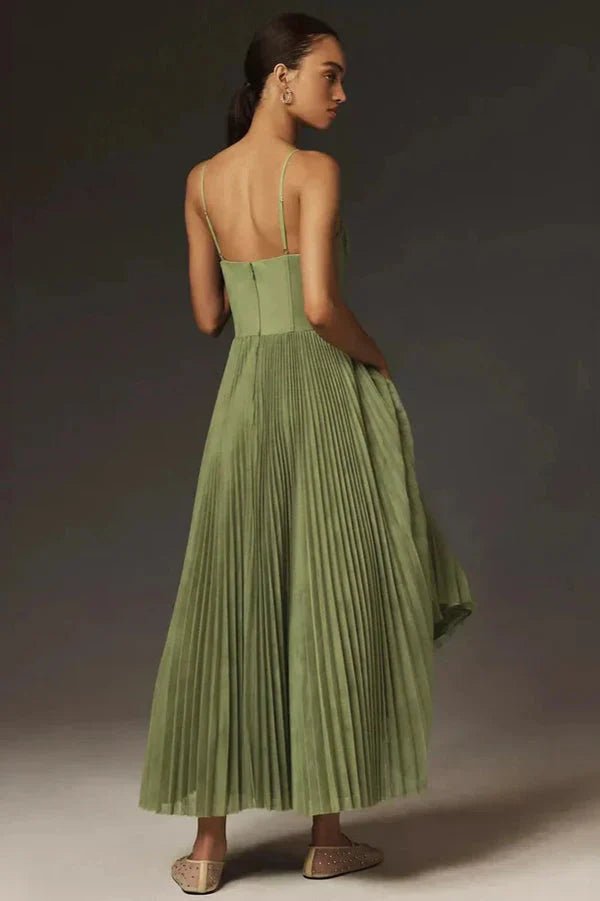 Maxi Dress with Pleats | Strapless, Silky | Green