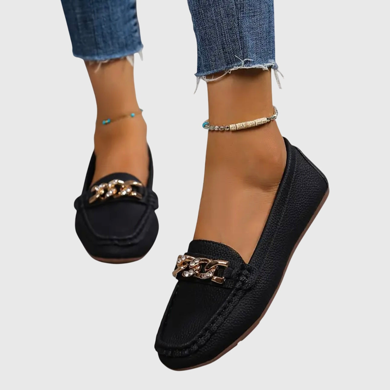 Leather loafers for women | Chain decoration, slip-on style | Comfortable