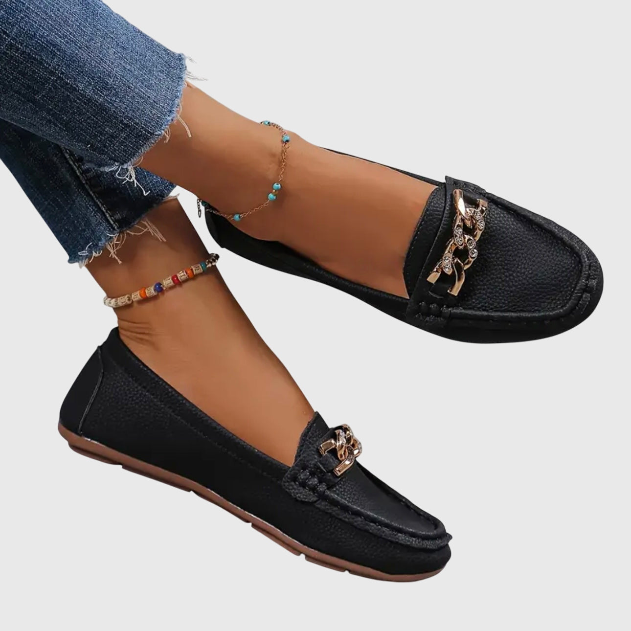 Leather loafers for women | Chain decoration, slip-on style | Comfortable