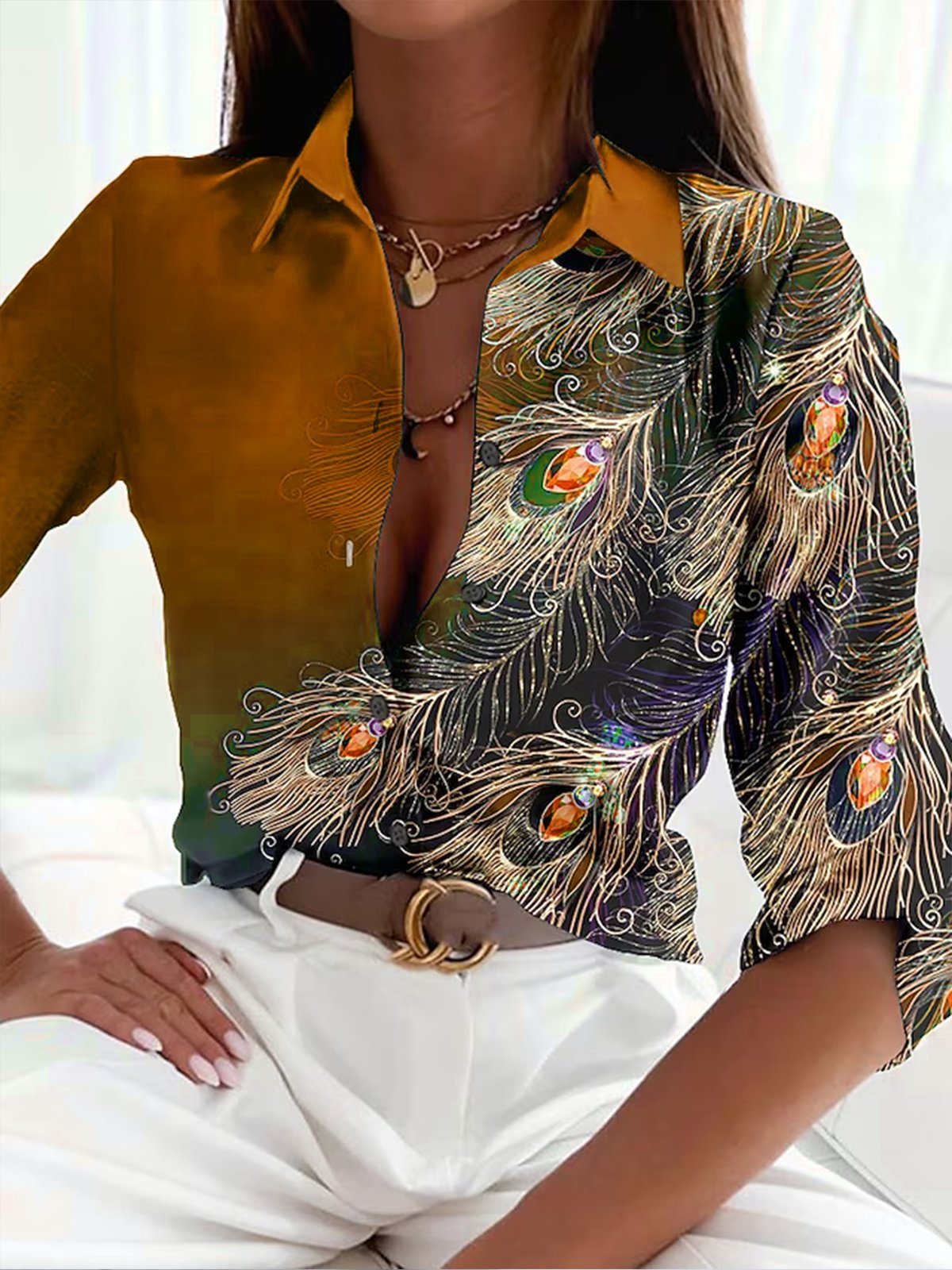 Women's shirt blouse feather print lightweight fabric
