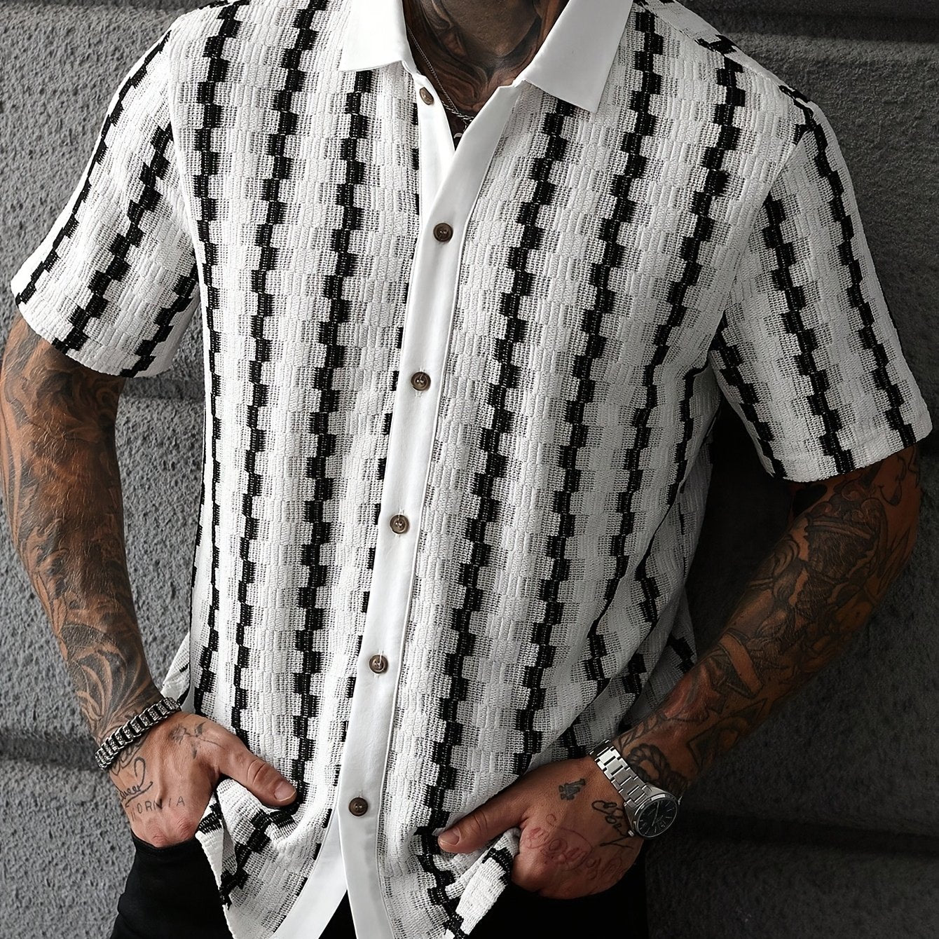 Men's knitted shirt | Short-sleeved, geometric pattern | Retro casual shirt